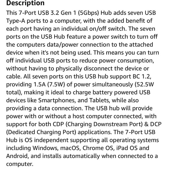 7 USB 3.2 Gen 1 (5Gbps)Hub with on/off port switches - Picture 3 of 5